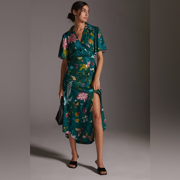 Maeve Dresses & Skirts - Maeve Anthropologie Teal Silky Buttonfront Shirt Dress Green Multi Floral